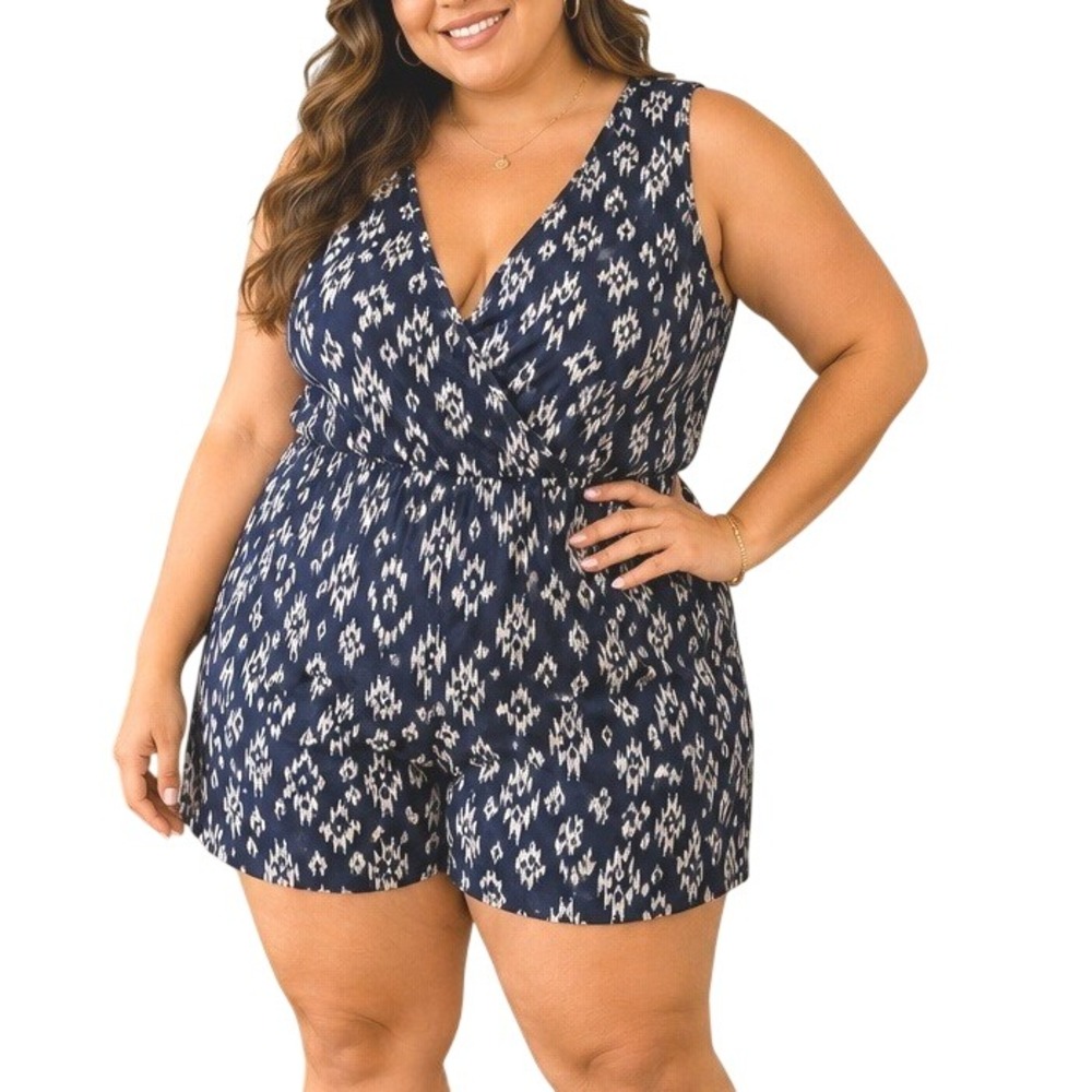 Magic Navy White Ikat‎ Print Sleeveless Romper V-Neck Elastic Waist Pockets 2X